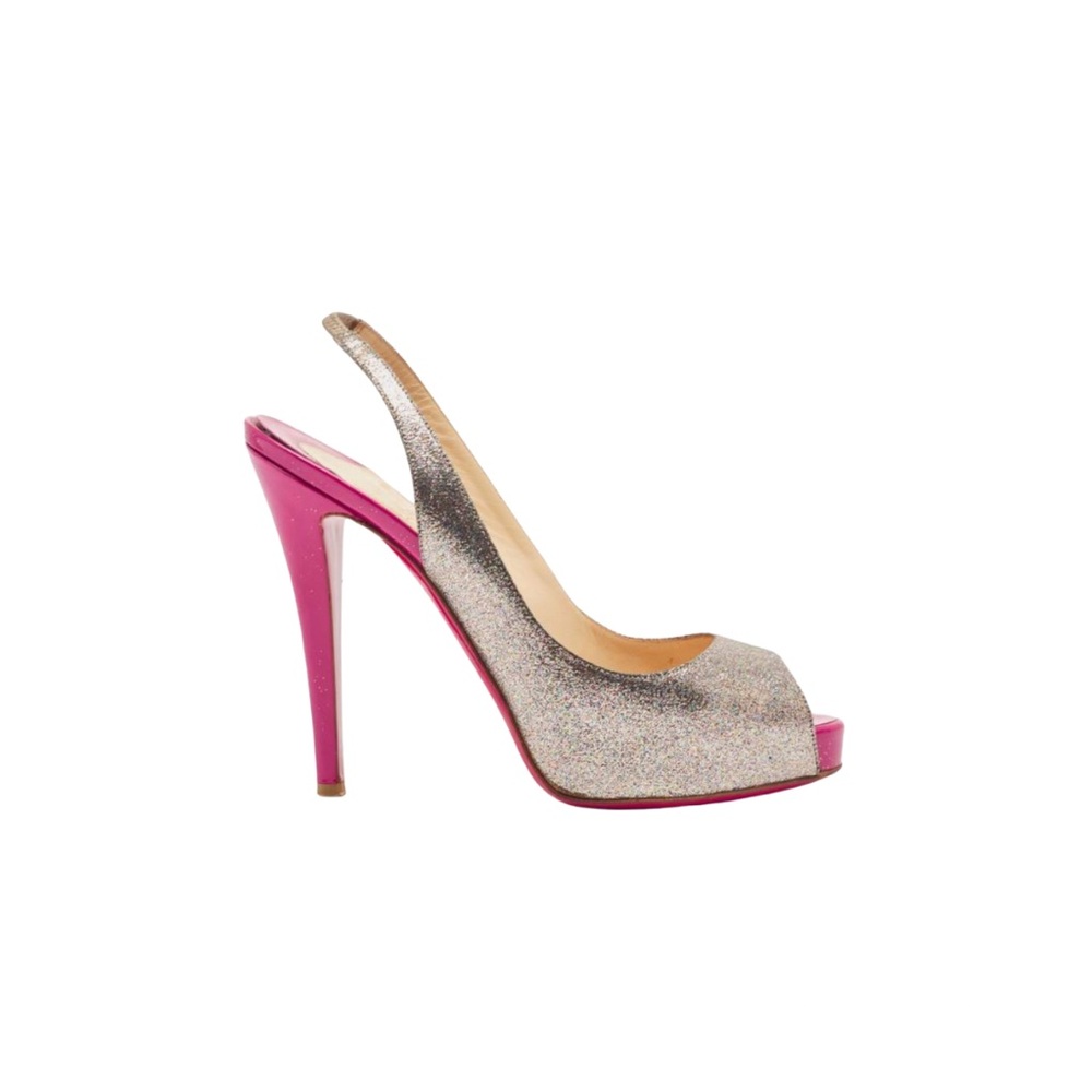 Christian Louboutin Silver/Pink Glitter No Prive Peep Toe Slingback Heels ❤️‍🔥